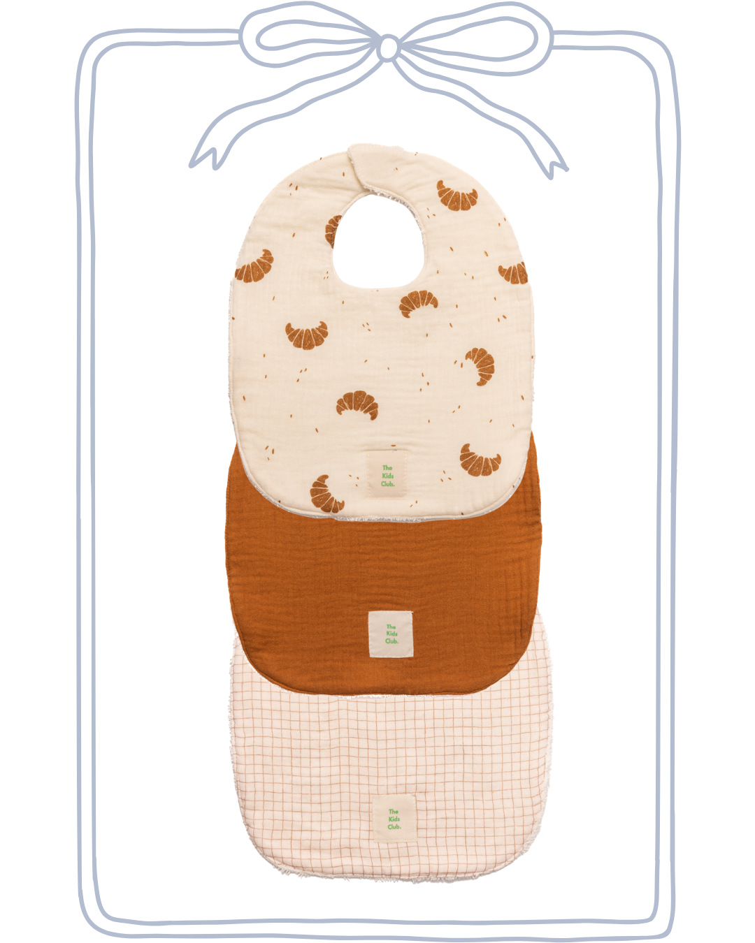 Pack Regalo Bebé – 3 Baberos Algodón Orgánico (Croissants, Teja y Cuadros)