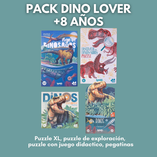 PACK DINO LOVER · Puzzles y pegatinas +8 años