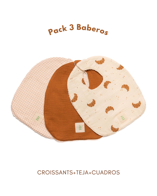 Pack Regalo Bebé – 3 Baberos Algodón Orgánico (Croissants, Teja y Cuadros)